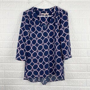Hutch Blouse Size Small 3/4 Sleeve Navy V Neck Classic Geometric Print